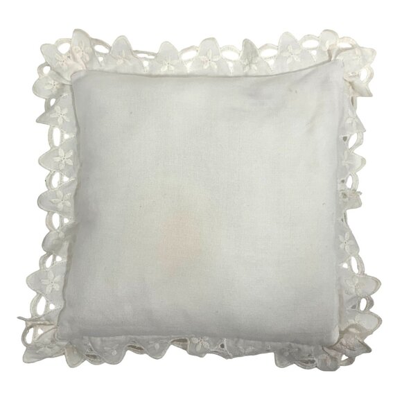 Vintage 80s Hand Embroidered Floral Heart Mini Pillow + Ruffles Pink/Blue/Yellow - Picture 2 of 2